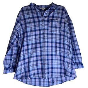 Goodthreads Women's XL Long-Sleeve Shirt Blue Plaid Front Pocket Quarter‎ Button